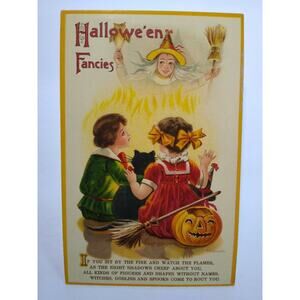 Halloween Fancies Fantasy Postcard Aleinmuller Witch Owl Black Cat Embossed 1002